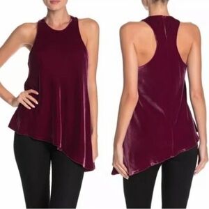 CINQ A SEPT Dylan Asymmetrical Draped Racerback Wine Burgundy Velvet Tank Size M